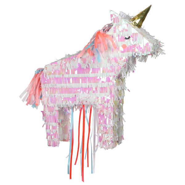 Mini unicorn pinata made with iridescent fringe paper and is pre-filled with multi-colored confetti and temporary tattoos