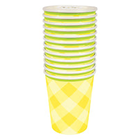 Bright yellow gingham print with a green border, set of 12 cups, 9 ounces each