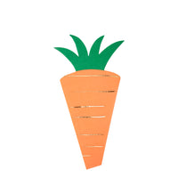 paper party napkins in the shape of a carrot bright orange enhanced with horizontal gold foil detail lines on carrot and solid green leaf top