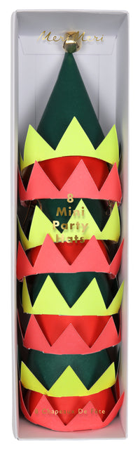 eight paper elf themed party hats. packaged in a white box with a clear plastic top. Elf hats in green and red, four of each color  per box.