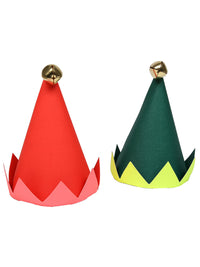 Mini elf hats, made of paper in green and red with each hat topped with a jingle bell. Perfect as a small gift or favor for a kids holiday party or celebration.