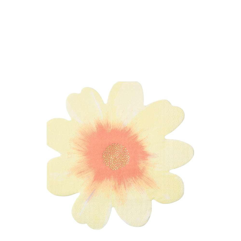 Flower shaped napkin in pastel yellow flower with a peach center.