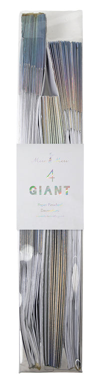 package of four large white with silver iridescent pinwheel party decor.