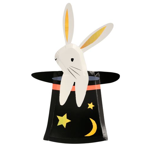 bunny popping out of a classic black magicians hat. these plates are perfect for a magic themed party. bunny ears have gold foil details , hat has two gold stars, one moon with a red band .