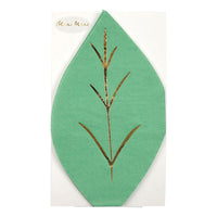 Green napkins die cut into the shape of a leaf, enhanced with gold embossed foil, pack of 16 napkins, 6.00 per pack