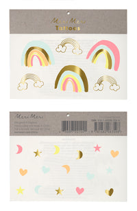 temporary tattoos in a pack of two sheets, one sheet of neon rainbows with shiny gold highlights and one sheet of mini hearts, moons and stars.