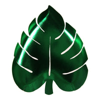 high quality palm leaf shaped plates finished in a green foil finish for a chic tropical party theme or summer celebration. sold in a pack of eight plates