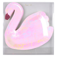 pack of eight plates die-cut into the shape os a swan . Each swan plate is finished in a iridescent foil for a pearl like sheen with an opaque burgundy beak. These plates are stunning and perfect for a baby shower or princess party.