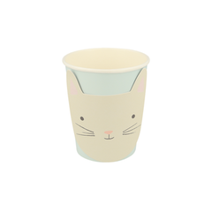 pastel cup with a die-cut kitten face applied to the outside of cup, mint green cup with a creme kitten face.