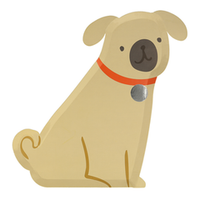 die cut paper party plates in the shape of a pug, tan body, brown snout with a smile, red collar and shiny silver embossed dog tag. 8.5 inches by 9 inches. Made from sustainable FSC paper. Pack of 8
