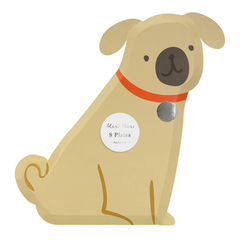 pack of eight paper party plates in the shape of a seated pug.