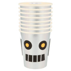 robot cups in a package of eight paper cups , shiny silver , nine ounce cups