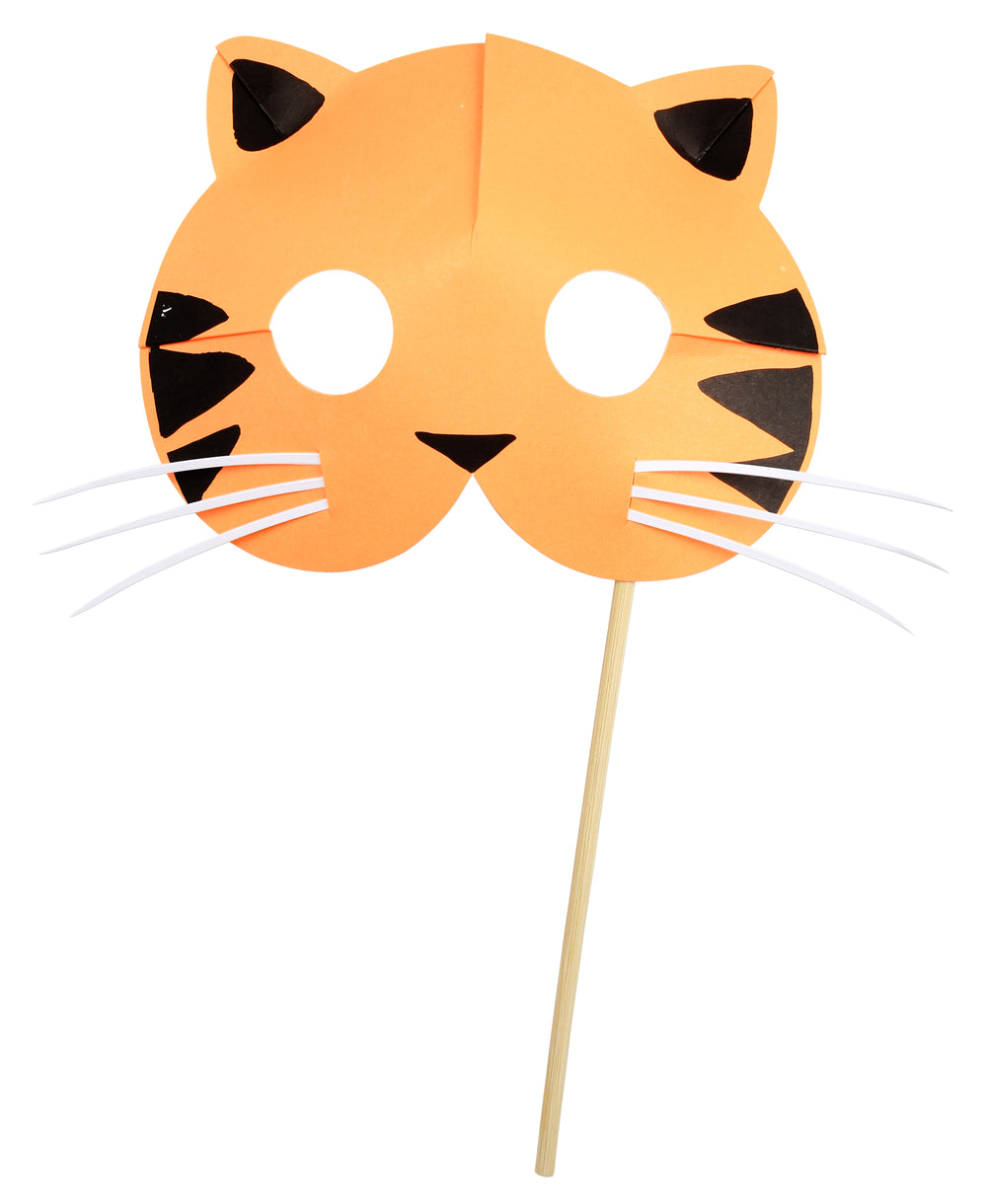 paper tiger mask with a wood dowel to hold mask, four pieces included in package