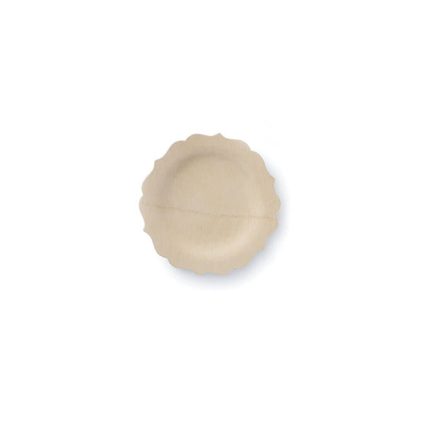 Bamboo plates with a fancy scalloped edge, eco-friendly and compostable. Nine inch diameter , pack of eight plates.