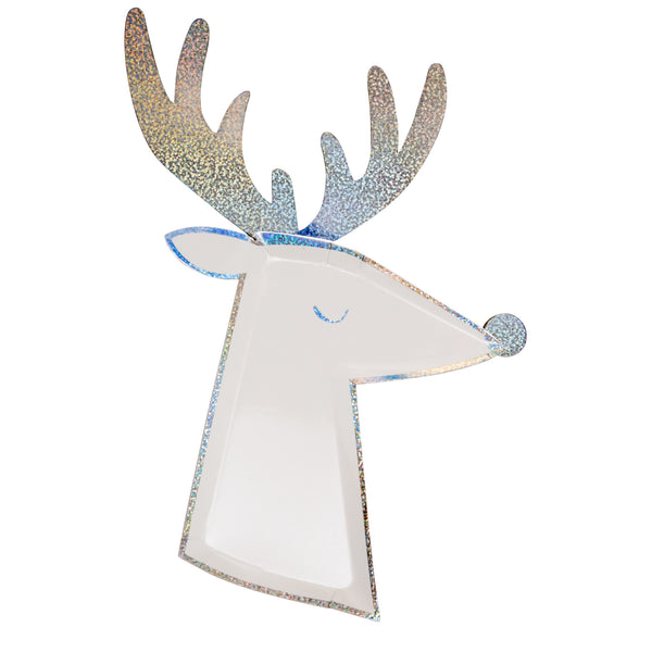 white reinder plates enhanced with iridescent silver sparkly antlers, nose and border of each plate. Pack of eight plates 