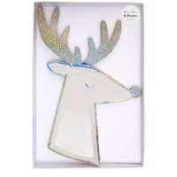 white reindeer plates with iridescent silver sparkly antlers, nose and border of each plate. Pack of eight plates in a white box with a clear plastic top.