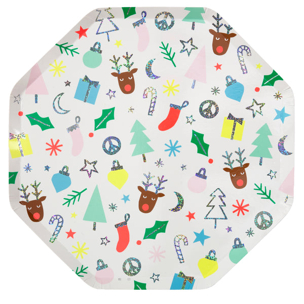kids holiday plates with lots of festive Christmas icons and cool peace signs and shimmery silver iridescent highlights. Large size plates in a package of eight plates.