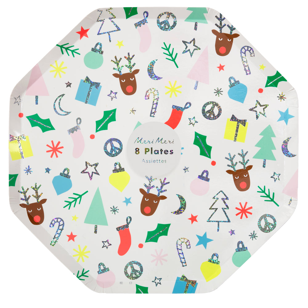 holiday themed plates with lots of classic icons combined with hip icons including peace signs and shimmery silver iridescent glitter highlights. large size plates in a pack of eight plates.