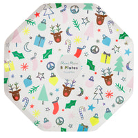 holiday themed plates with lots of classic icons combined with hip icons including peace signs and shimmery silver iridescent glitter highlights. large size plates in a pack of eight plates.