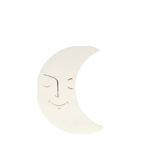 White paper napkins die-cut into a crescent moon shape and enhanced with shiny copper foil to emphasize the smiling moon face. Pack of sixteen paper party napkins. Perfect for a Halloween or space themed parties.