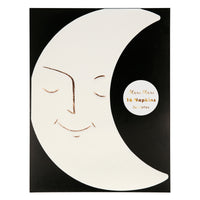 Pack of sixteen crescent moon shaped paper party napkins, each napkin is enhanced with shiny copper foil details.