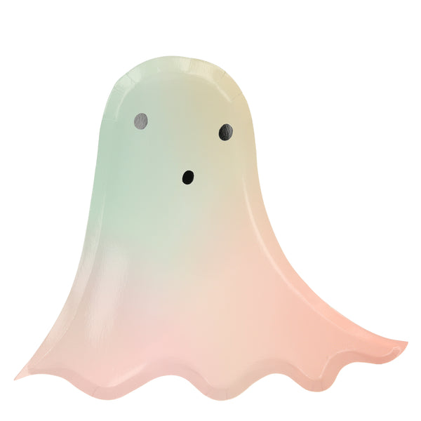 Ghost shaped plates printed in ombre shades of mint, peach and pink and shimmering matte silver eyes and mouth
