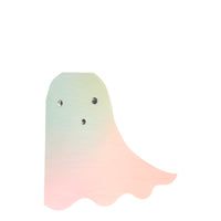 Chic ombré printed napkins, mint, peach to pink. Napkins die-cut into the shape of ghost with matte silver shimmering eyes and mouth. Pack of sixteen paper napkins.