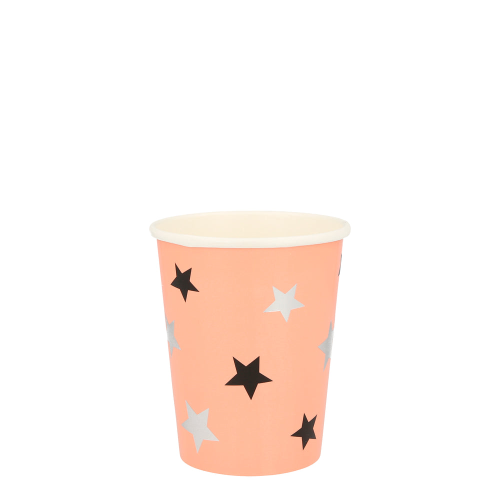 Soft orange cup with black and shiny silver stars, these cups add sparkle to your Halloween party celebration 