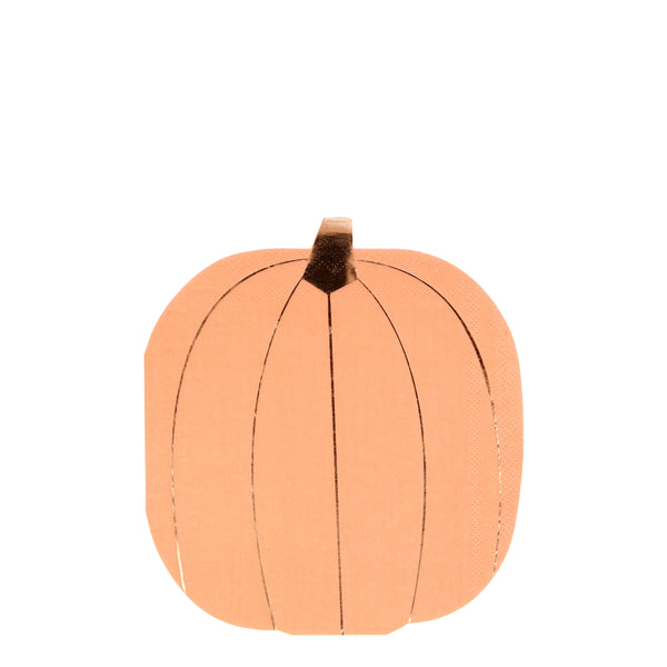 Pastel orange pumpkin shaped napkin with shiny copper foil stem and lined on pumpkin. Pack of sixteen napkins 
