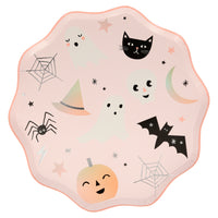 Pastel pink plate with a peach trim on the scalloped edge, each plate includes Halloween themed icons including two ghosts, a bat, a cat, spider and web, witches hat, moon stars and smiley pumpkin. These plates are high quality and festive. Package of eight plates 