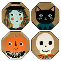 Vintage Halloween illustrations including a witch, a cat , a pumpkin and a skull, printed on octagonal shaped plates.Set of eight plates, two of each of the four designs.