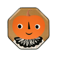 Vintage illustration of a pumpkin head with eyes , decorative collar and copper foil stem and printed on an octagonal shaped plates.