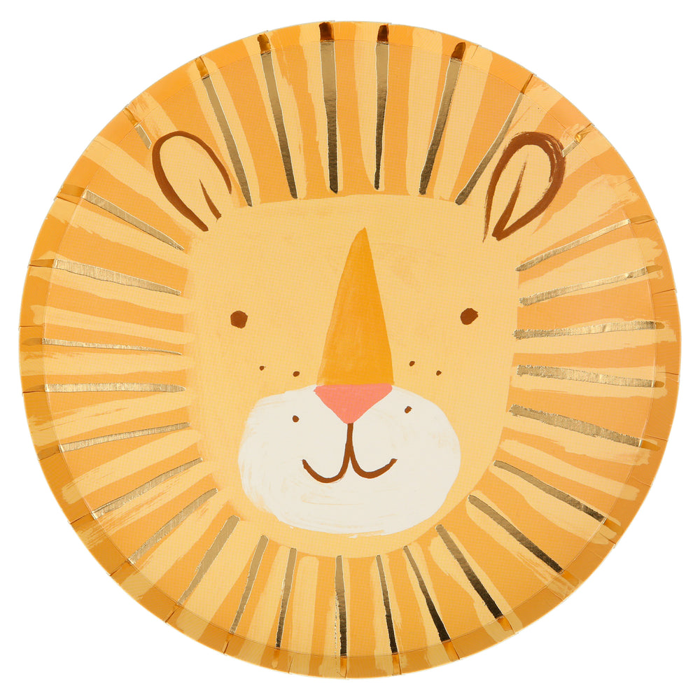 Round paper party plates with a beautifully illustrated lion head on the front, lions mane is highlighted with gold foil details, back of plate is printed with solid tan color 