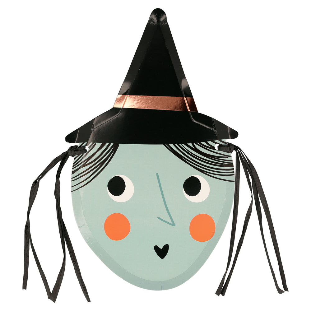Witch plates perfect for Halloween, soft green face, bright orange cheeks, big eyes  and black raffia hair wearing a black witches hat with a metallic copper band. Set of eight plates.