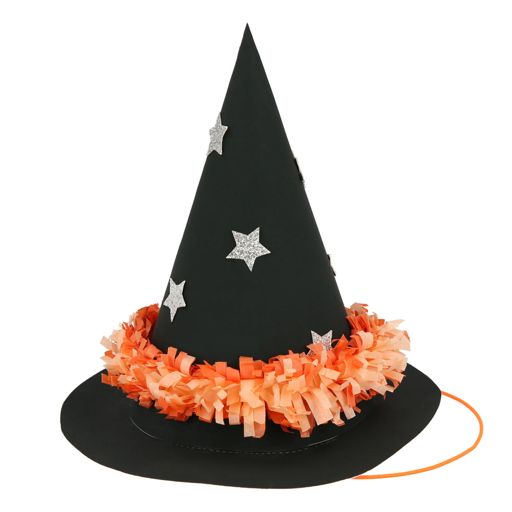 Witch Party Hats in black with silver eco friendly glitter stars and bright orange and peach festooning. Pack of 6 per box. Perfect for Halloween party celebrations and guest favors.