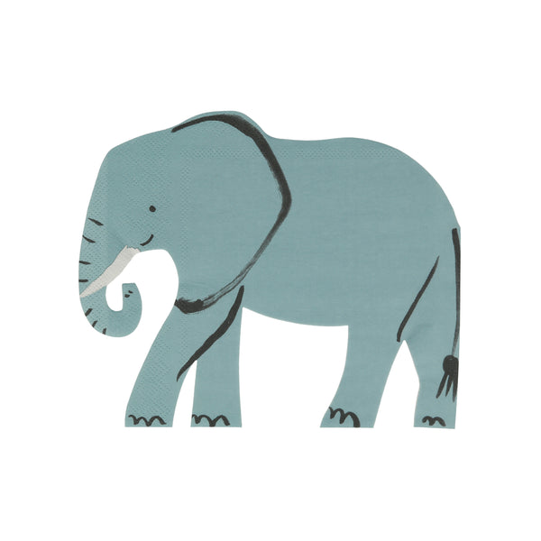 Elephant shaped napkins in a blue-grey color with black brush stroke details and a cute smile. Pack of 16