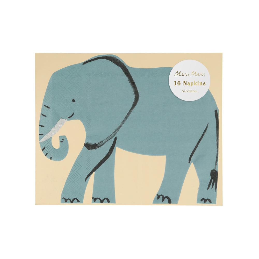 Elephant napkins in clear cello packaging in a pack of 16 napkins. Blue-grey color with black brush stroke details. 