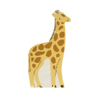 Giraffe safari animal napkins. Die-cut into a shape of a giraffe, gold giraffe with brown spots and enhanced with gold foil details. Pack of 16 paper party napkins.
