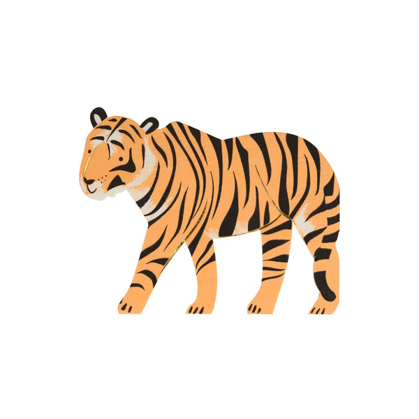 Tiger shaped napkins printed in orange with black stripes and enhanced with gold foil details in a pack of 16. Perfect for a safari themed party.