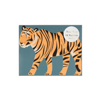 Tiger napkins packaged in clear cello containing 16 napkins. Tiger shaped and printed in orange with black stripes and enhanced with gold foil details.