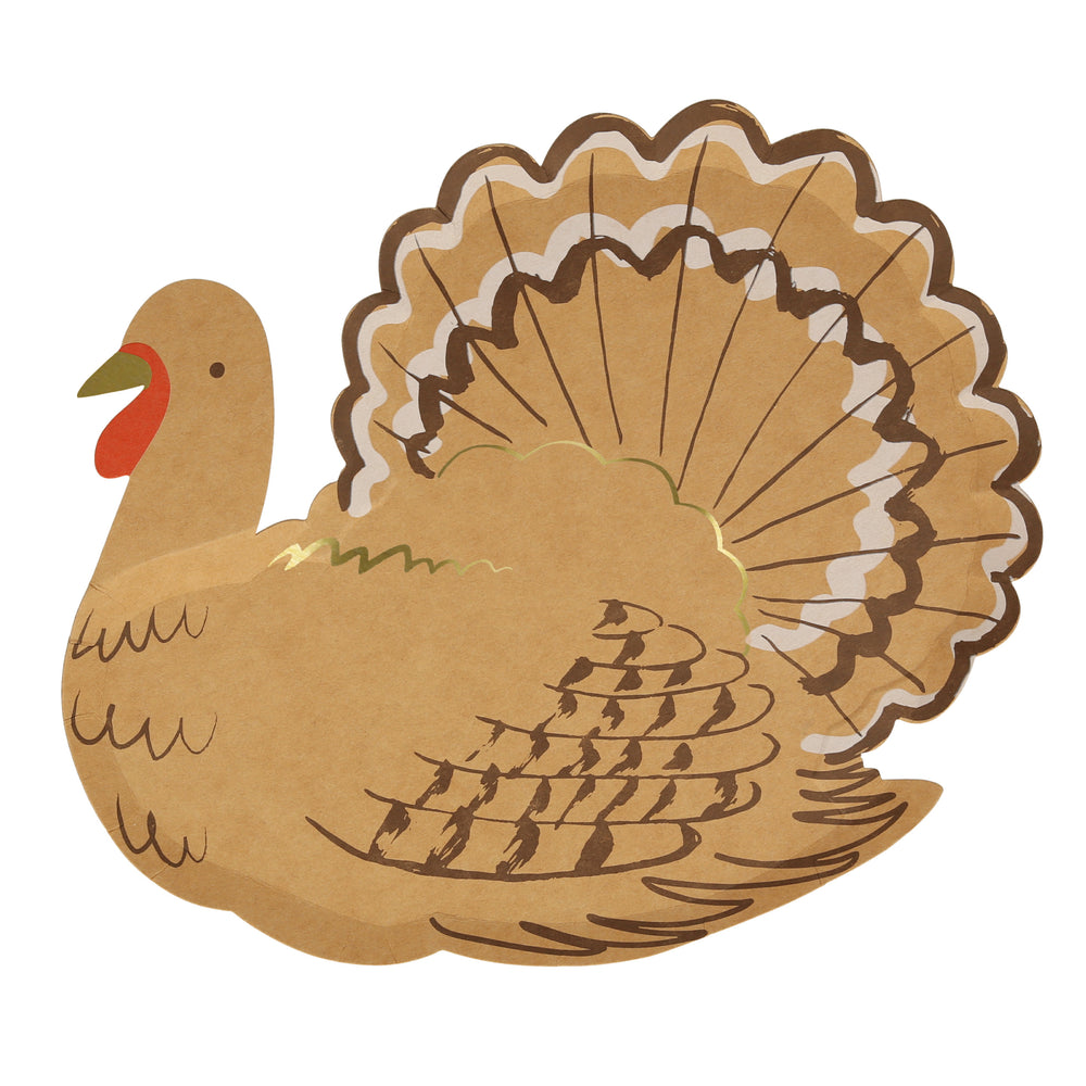 Die cut in the shape of a turkey paper party plates, Kraft paper color with brown and white printed feather details with gold foil details. Made using FSC Eco friendly paper.