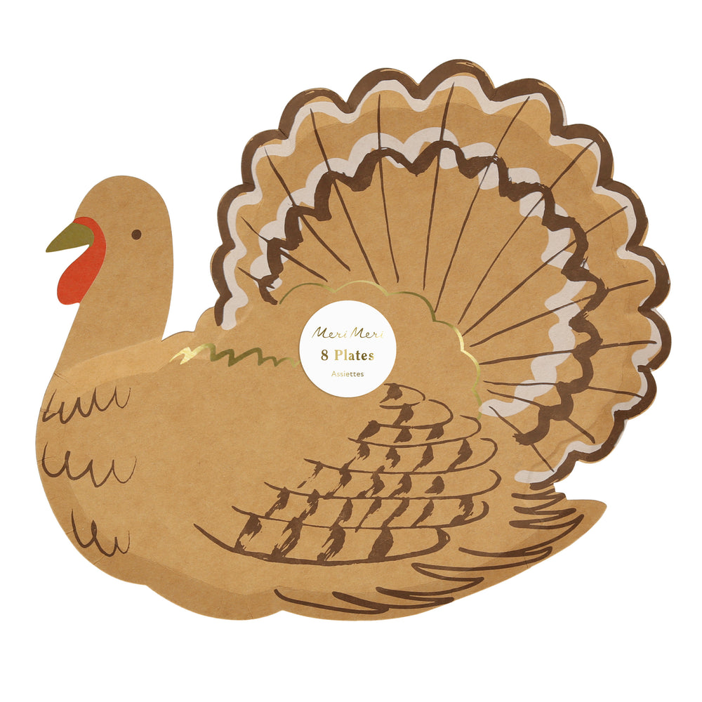 Package of eight turkey plates, perfect for Thanksgiving entertaining and parties. Pair these impressive Thanksgiving themed plates with matching turkey shaped napkins.