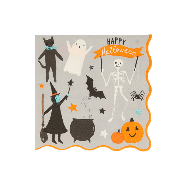 Happy Halloween paper party napkins in large lunch size. Features match, ghost, cat, bat, spider, pumpkin, stars and a skeleton holding a “ Happy Halloween banner.