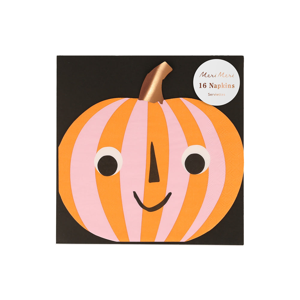 Pack of sixteen smiley paper party napkins. Pink and orange stripes and large google eyes and big smile