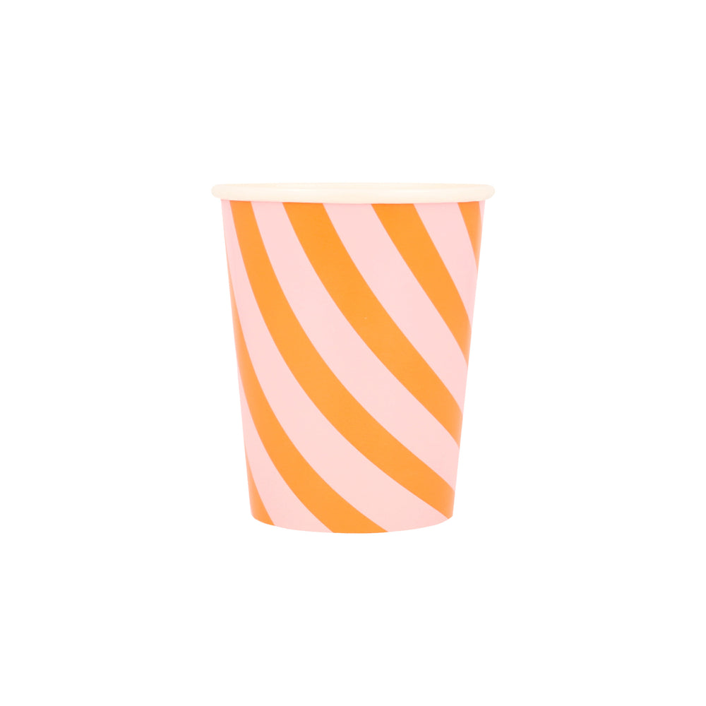 Pink & Orange diagonal stripe print on a paper party cup. Set of 8 cups 