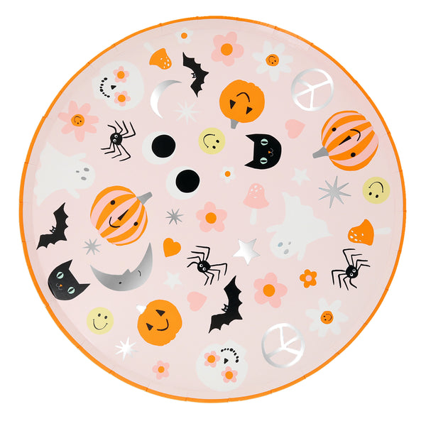 Round paper party plates with some cool & hip icons including, peace signs, happy faces, flower power flowers, sugar skull, bat, pumpkin, hearts and cat