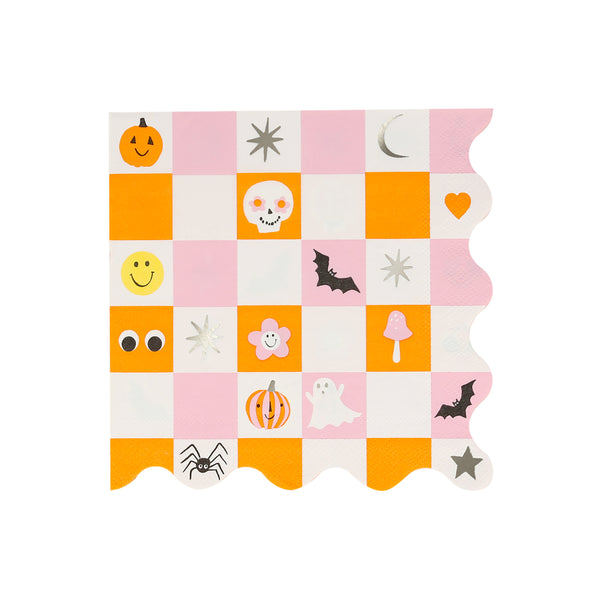 Halloween themed napkins in a pink, orange & white checkerboard print featuring cool icons sugar skull, stripe pumpkin, bat , spider, heart, star and mushroom.
