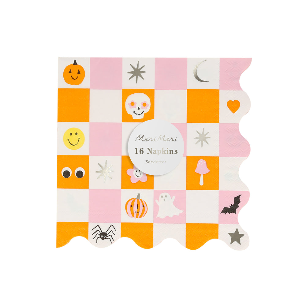 Groovy halloween napkins in a checkerboard pattern featuring whimsical characters including a happy face icon, happy skull, spider, pumpkins, bat, heart, star, moon & googly eyes. pack of 16 