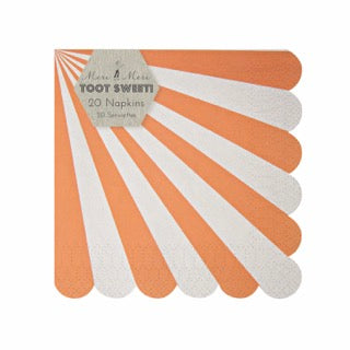 Pack of twenty bold stripe orange and white paper party napkins. Scalloped edge detail.