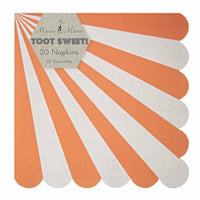 Pack of twenty paper party napkins. Bright orange stripe napkins with a scalloped edge detail. 